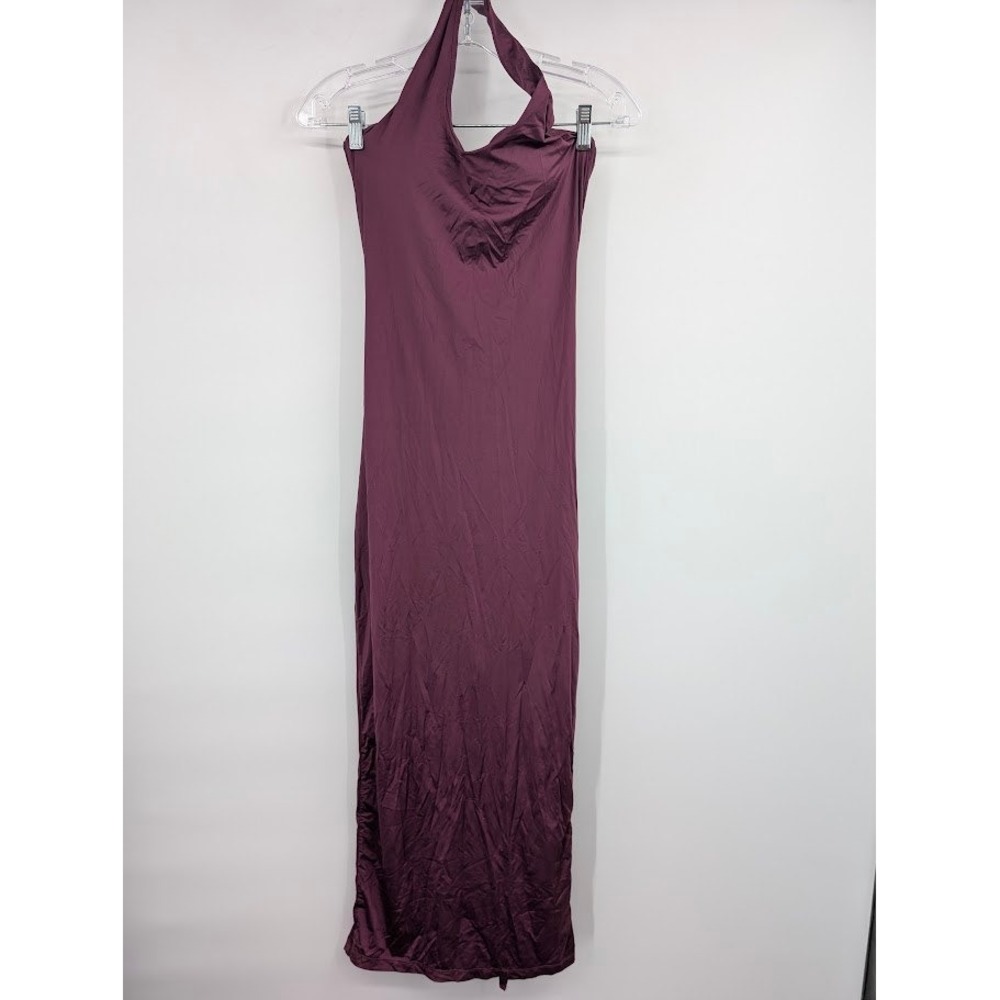 Halara Women's Halter Top Tie Back Maxi Dress Plum Backless Ruched Long sz S NWT
